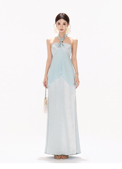MIST BLUE PLEATED HALTER DRESS