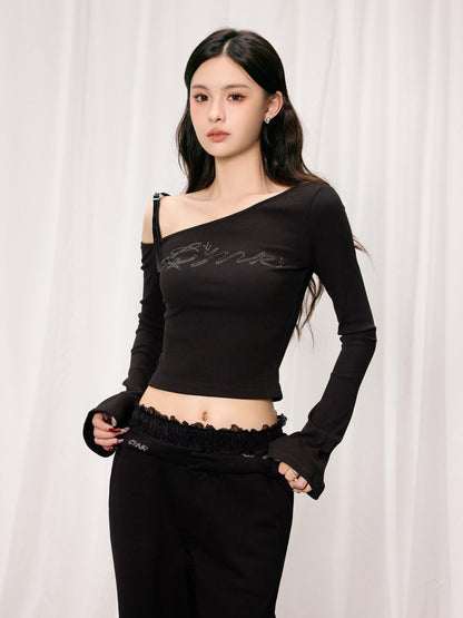 OFF-SHOULDER KNITTED RHINESTONE TOP & LACE PATCHWORK WIDE-LEG PANTS