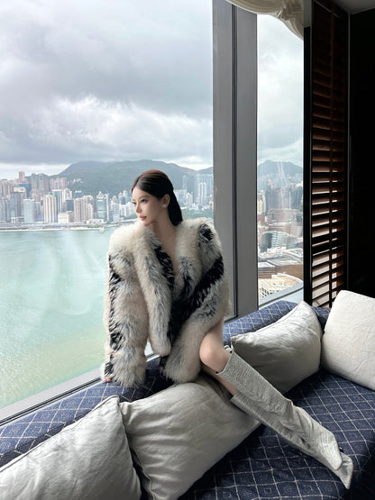 CRYSTAL BACKLESS EVENING DRESS & COLOR BLOCK ECO FUR JACKET