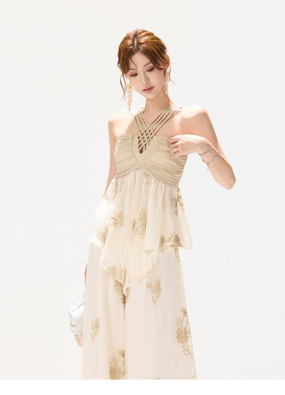 EMBROIDERED CHIFFON HALTER SET