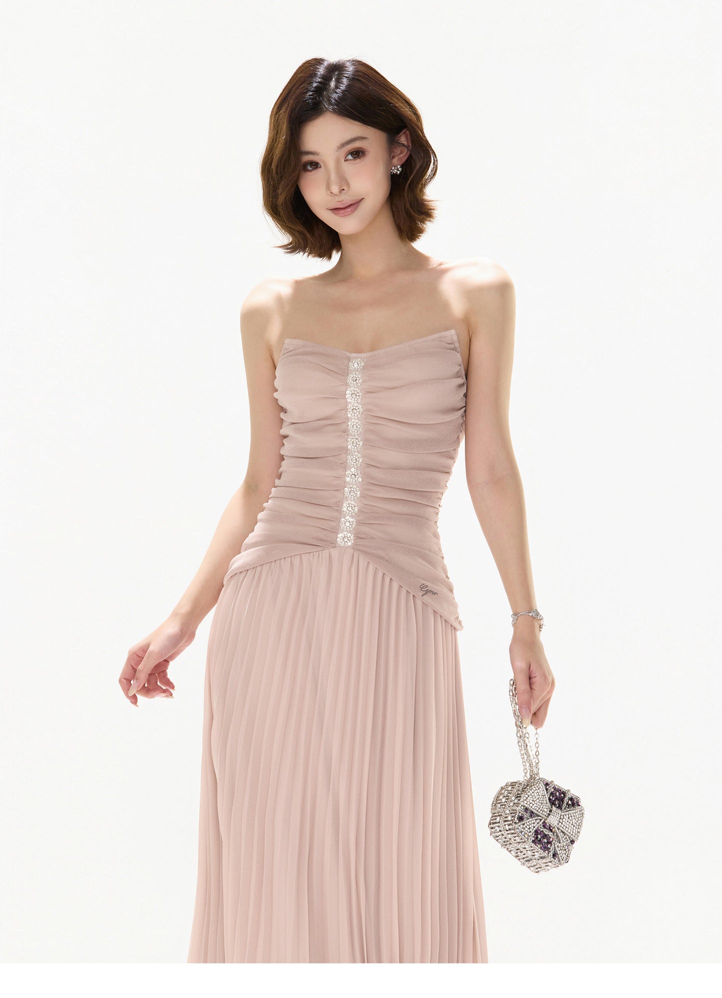 【日本在庫 】RHINESTONE PLEATED TULLE STRAPLESS DRESS