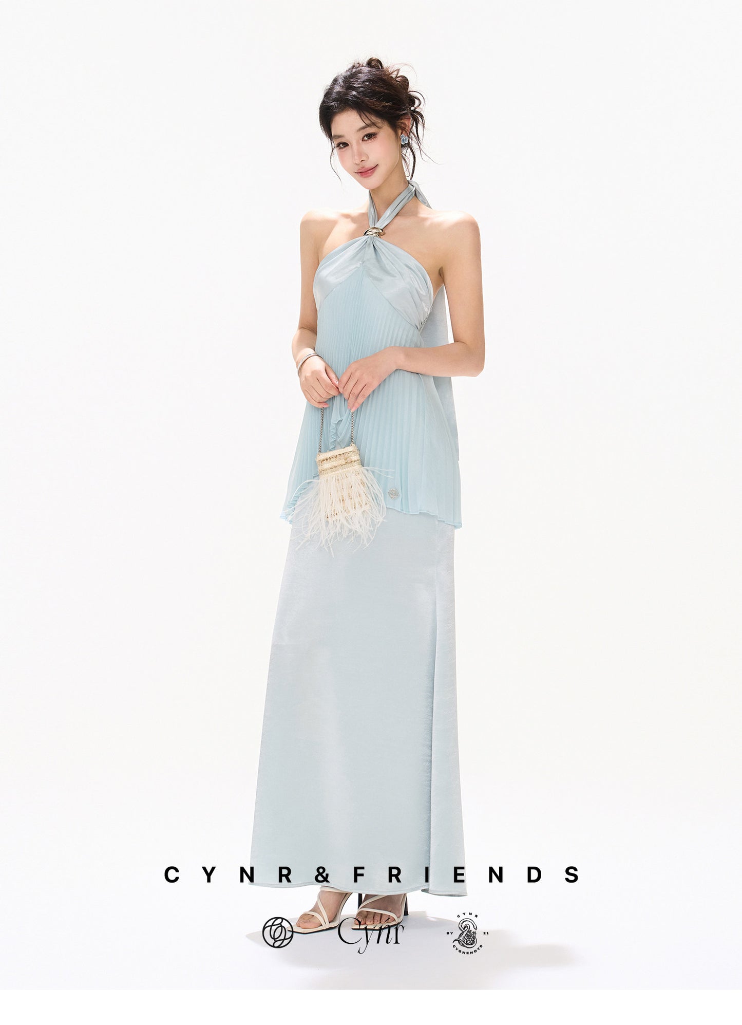 MIST BLUE PLEATED HALTER DRESS