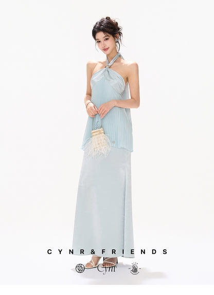 MIST BLUE PLEATED HALTER DRESS