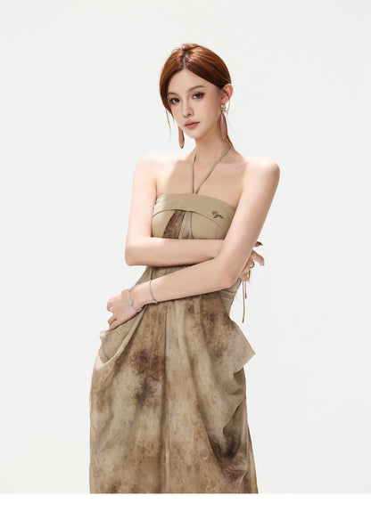 INK WASH HALTER CHIFFON DRESS