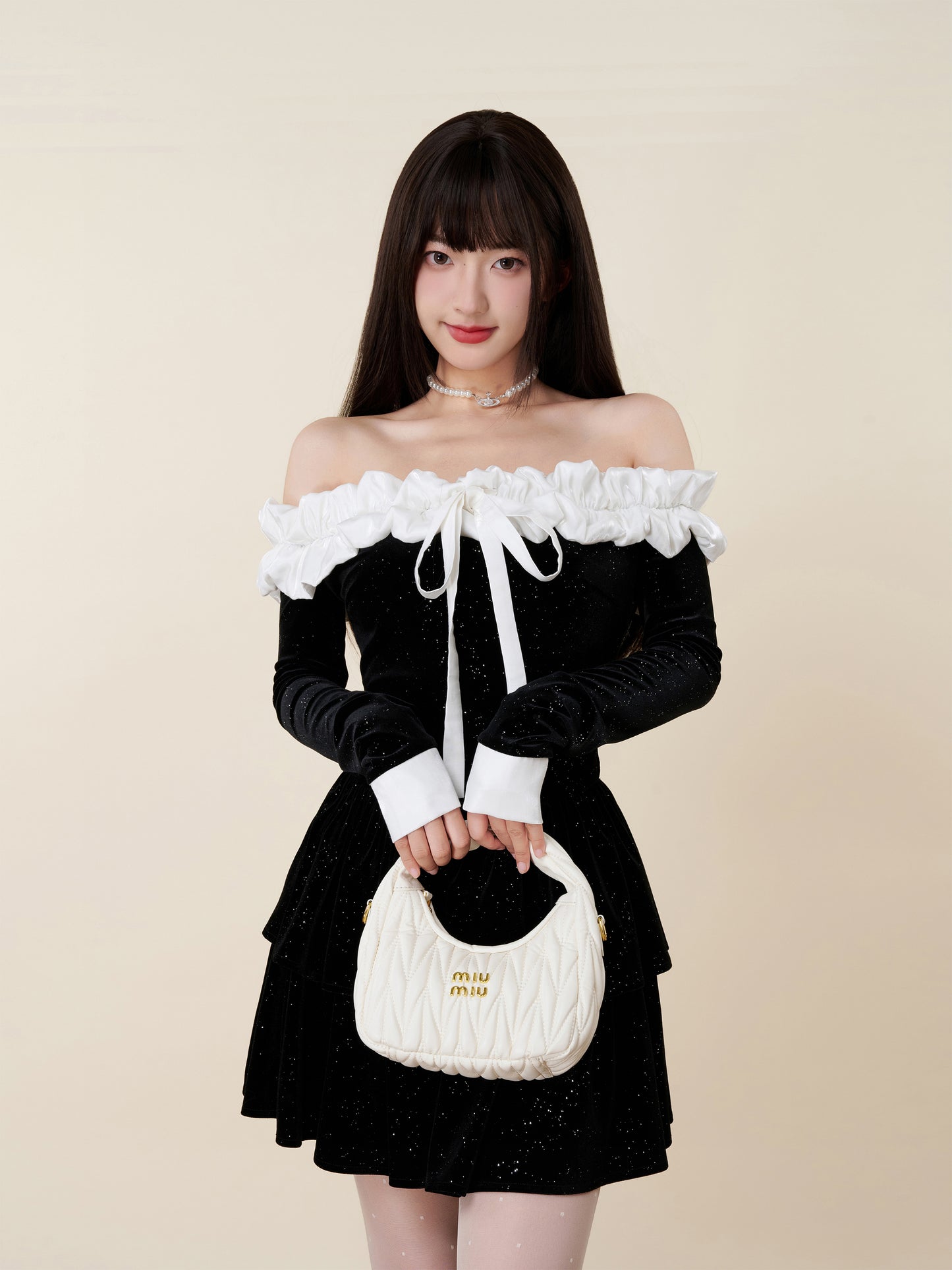 VELVET ONE-SHOULDER WAIST DRESS