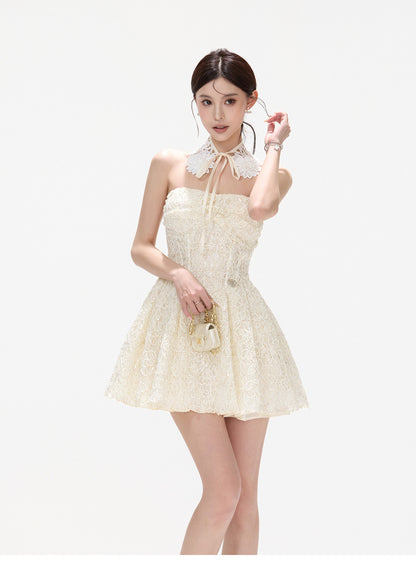 EMBROIDERED LACE STRAPLESS PUFF MINI DRESS
