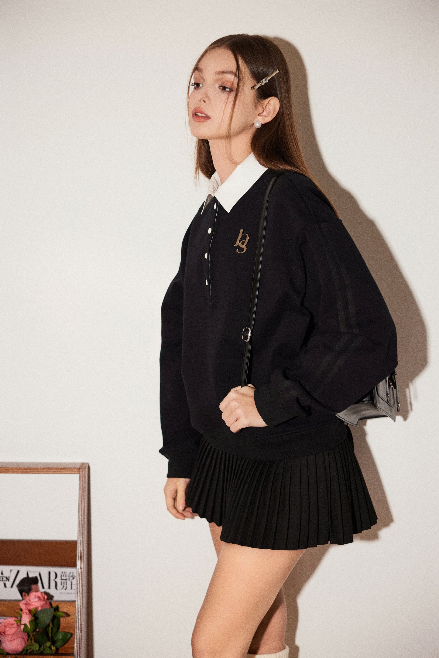 FAKE TWO PIECE POLO SWEATER & PLEATED MINI SKIRT