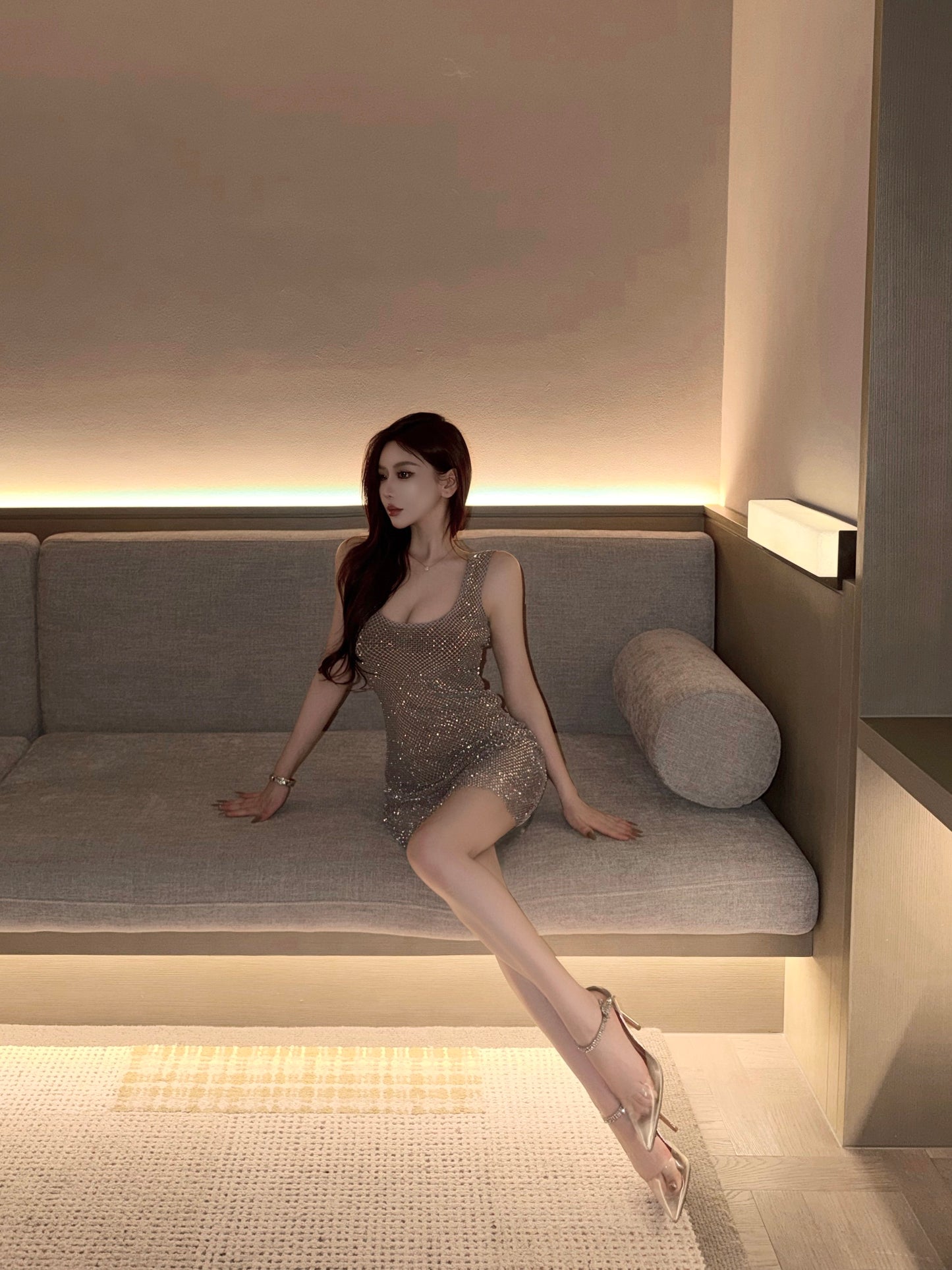 CRYSTAL BACKLESS EVENING DRESS & COLOR BLOCK ECO FUR JACKET