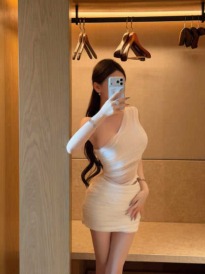 ONE SHOULDER MESH MINI DRESS