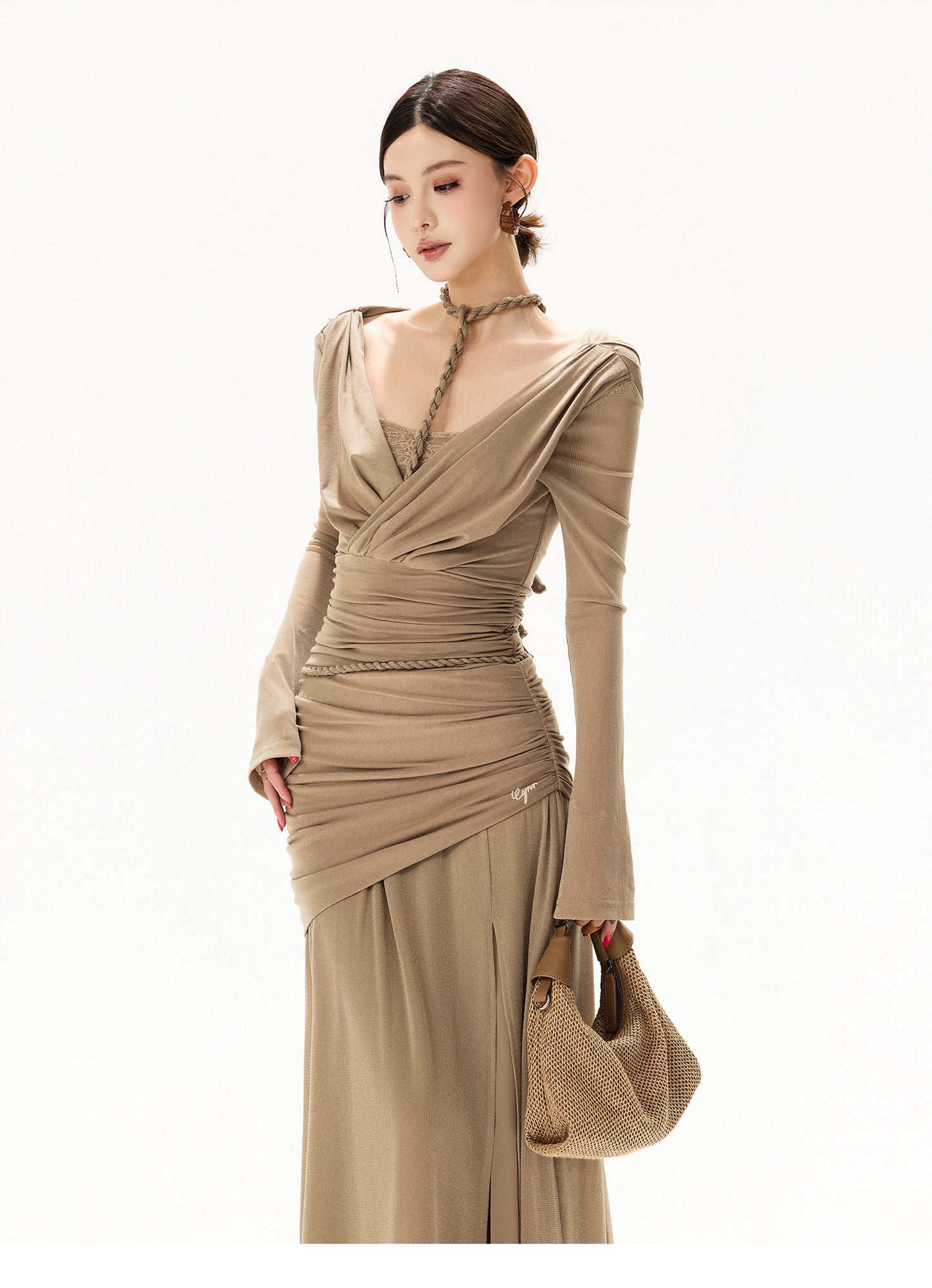 【日本在庫 】FRENCH HALTER KNIT TULLE MAXI DRESS