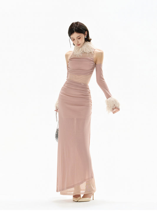 3-WAY FEATHER MUSE HALTER GOWN
