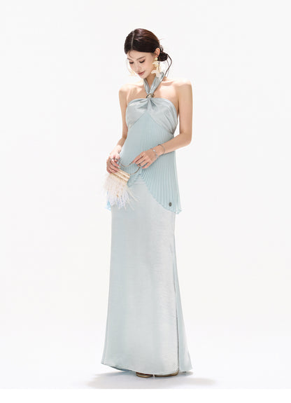 MIST BLUE PLEATED HALTER DRESS