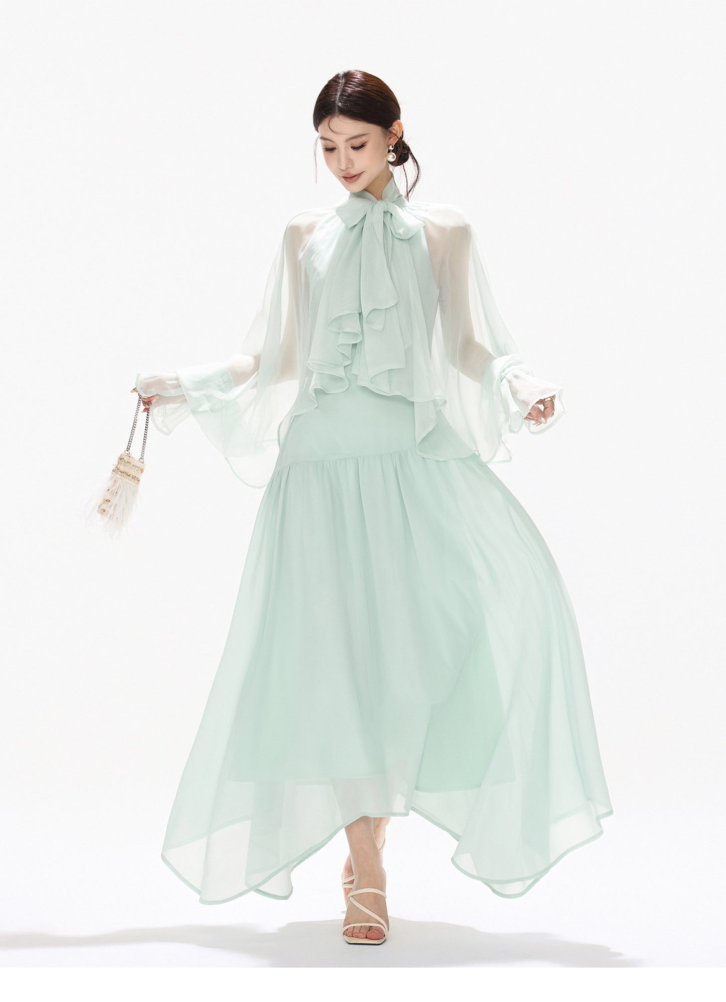 BOW HALTER ASYMMETRIC CHIFFON MAXI DRESS