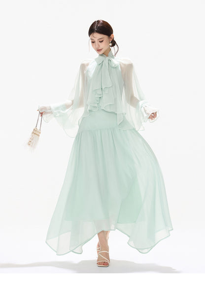 BOW HALTER ASYMMETRIC CHIFFON MAXI DRESS