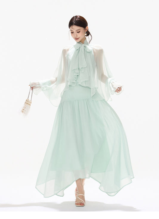 BOW HALTER ASYMMETRIC CHIFFON MAXI DRESS