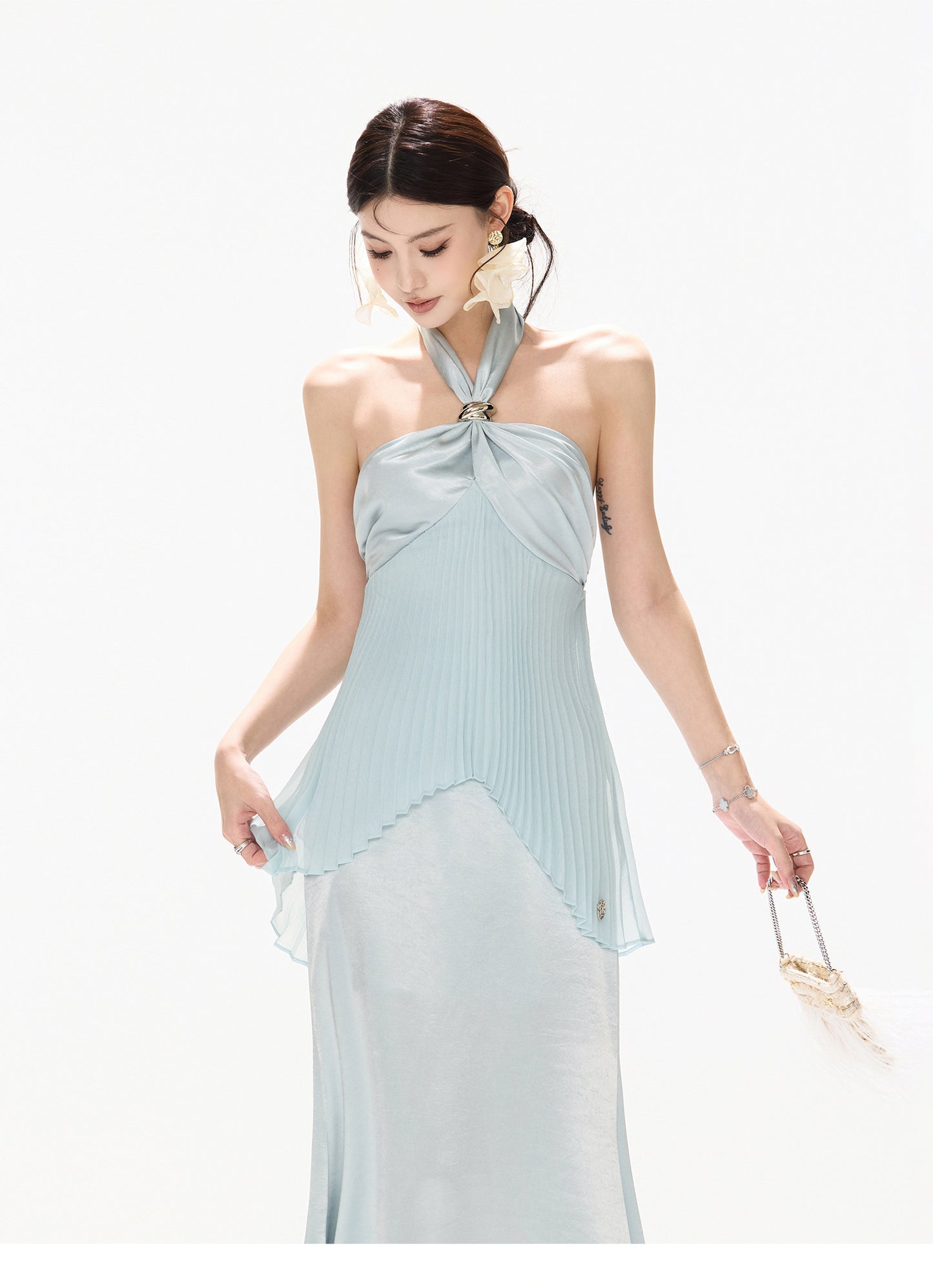 MIST BLUE PLEATED HALTER DRESS