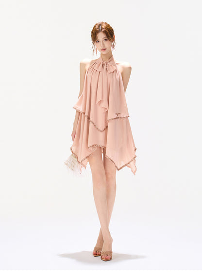 SEQUIN HALTER CASCADE DRESS
