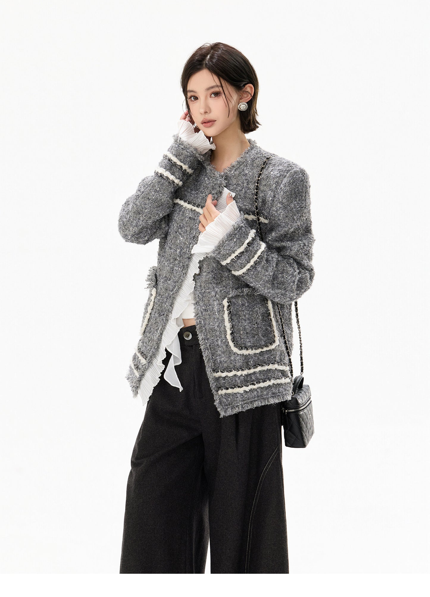 HANDWOVEN TWEED FRILL JACKET