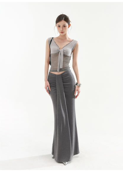 V-NECK SEXY RIBBED KNIT TANK TOP & LOW-RISE KNIT MERMAID BODYCON SKIRT