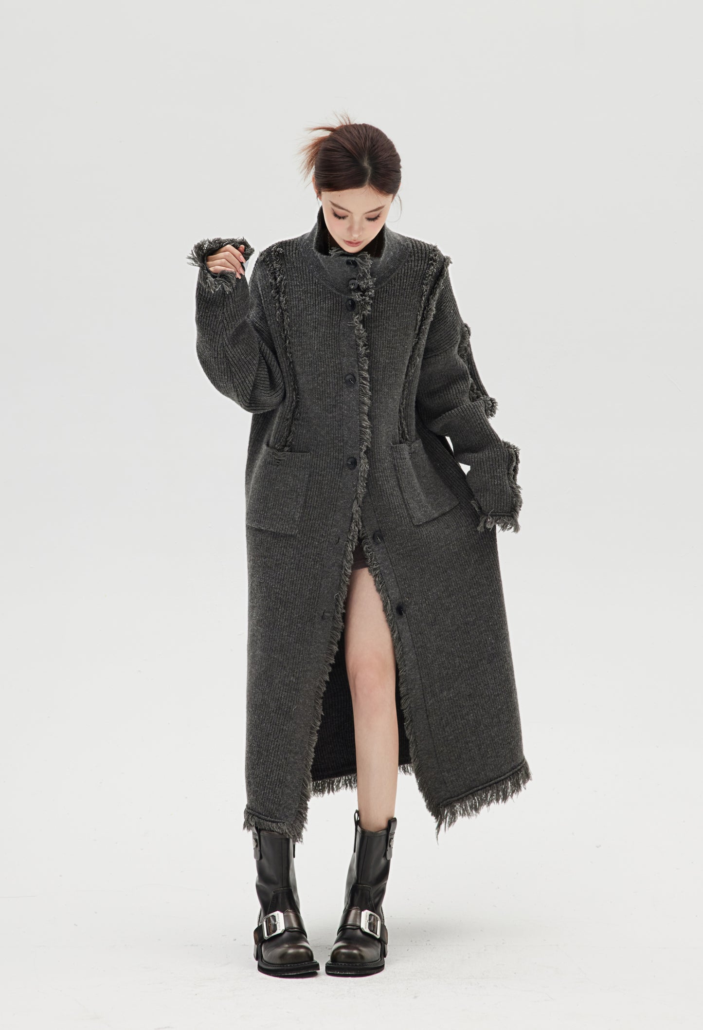 DESTROYED WOOL KNITTED LONG COAT