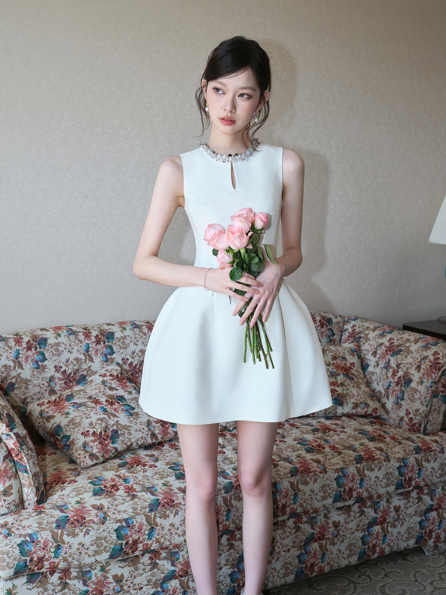 SEQUINED HOLLOW A-LINE FLOWER BUD DRESS