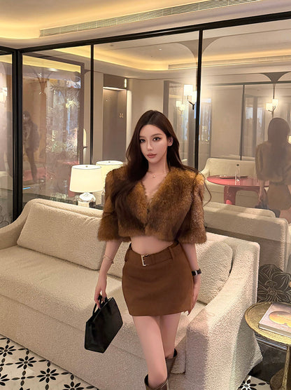 ECO FUR V-NECK SHORT JACKET & SUEDE BELTED MINI SKORT