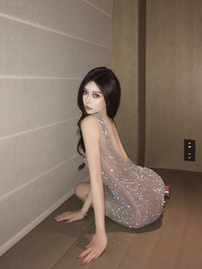 CRYSTAL BACKLESS EVENING DRESS & COLOR BLOCK ECO FUR JACKET