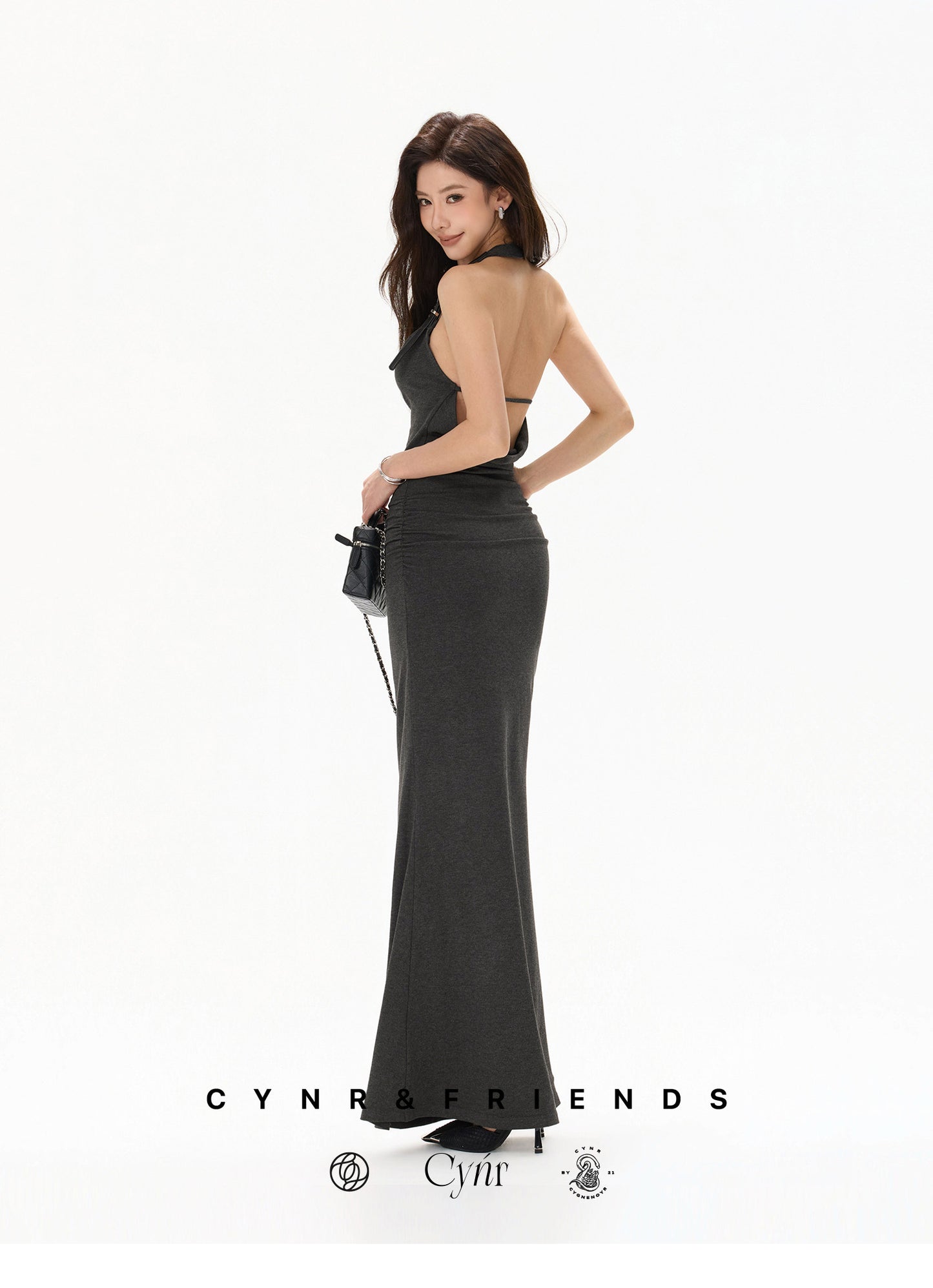 【日本在庫 】DARK GREY HALTER DRAPED KNIT DRESS