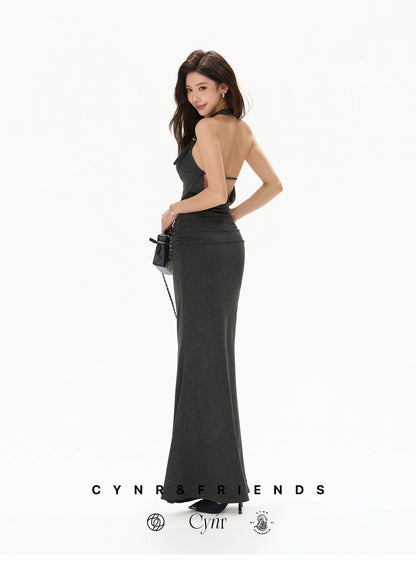 【日本在庫 】DARK GREY HALTER DRAPED KNIT DRESS
