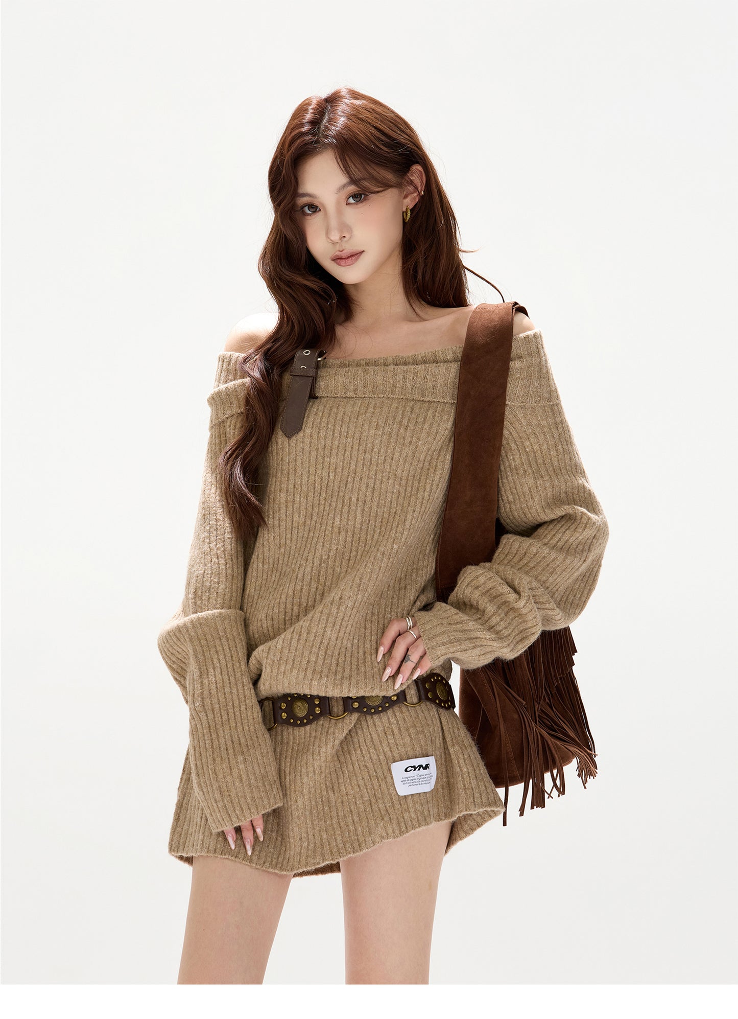 RIBBON KNIT OFF-SHOULDER DRESS