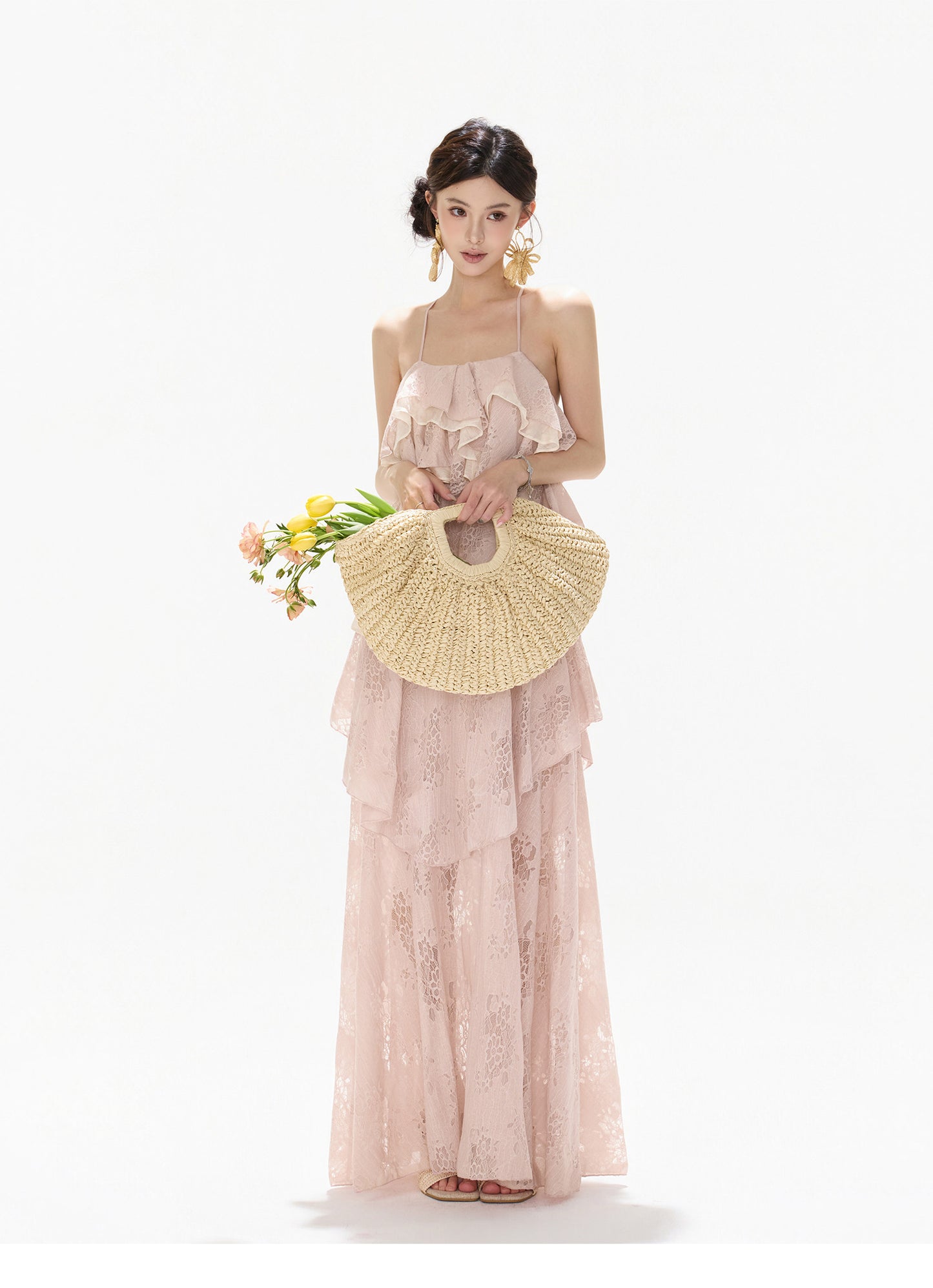 【日本在庫 】FRENCH LACE TIERED RUFFLE MAXI DRESS