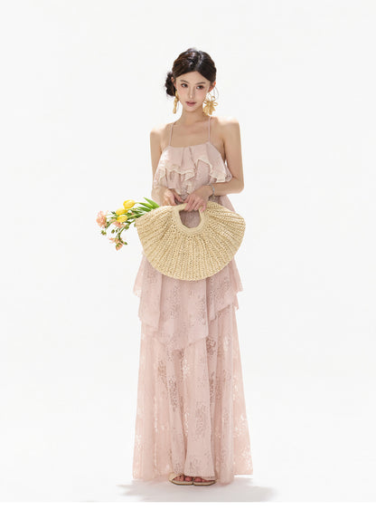 【日本在庫 】FRENCH LACE TIERED RUFFLE MAXI DRESS