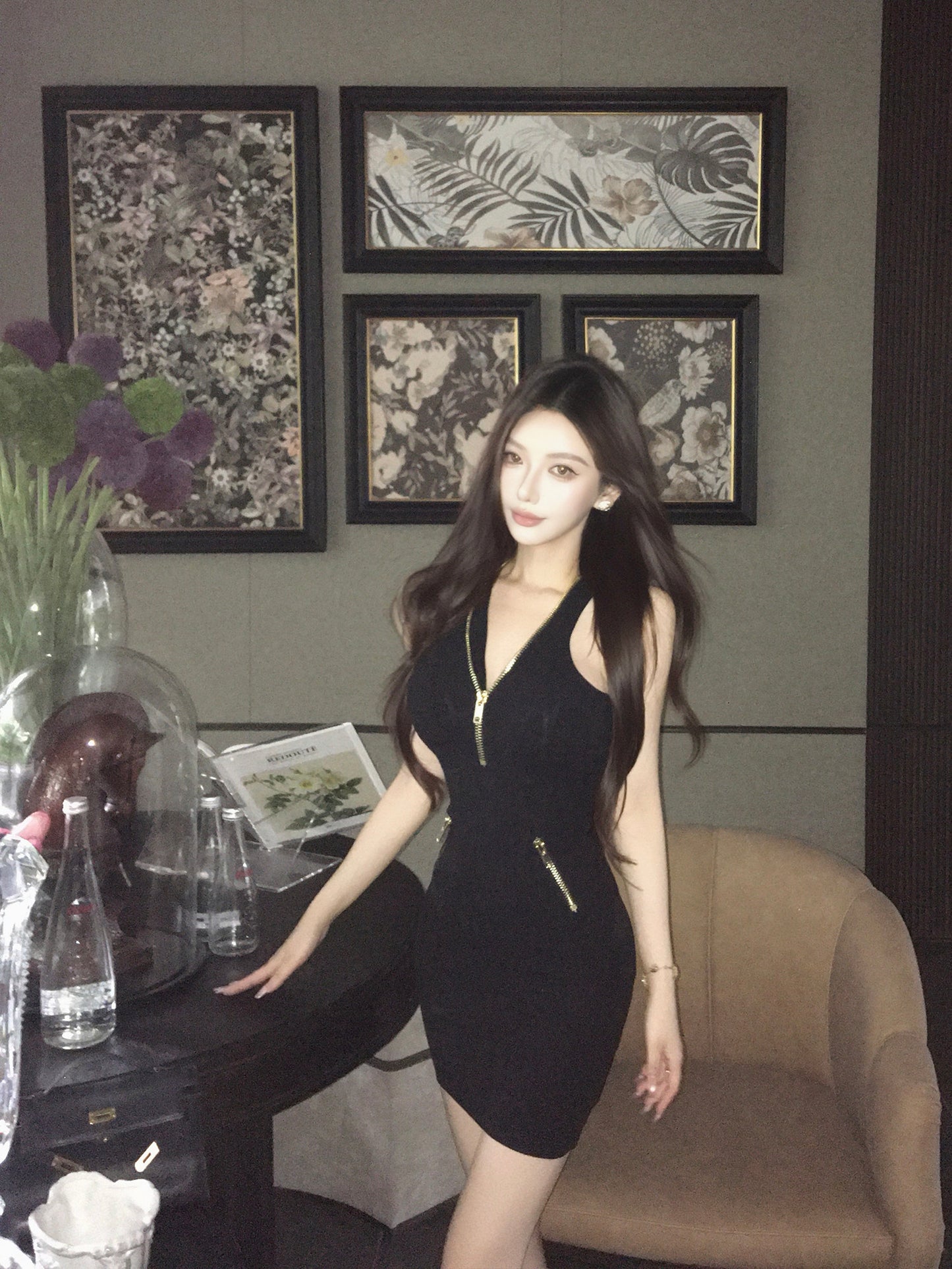 ZIP V-NECK MINI DRESS