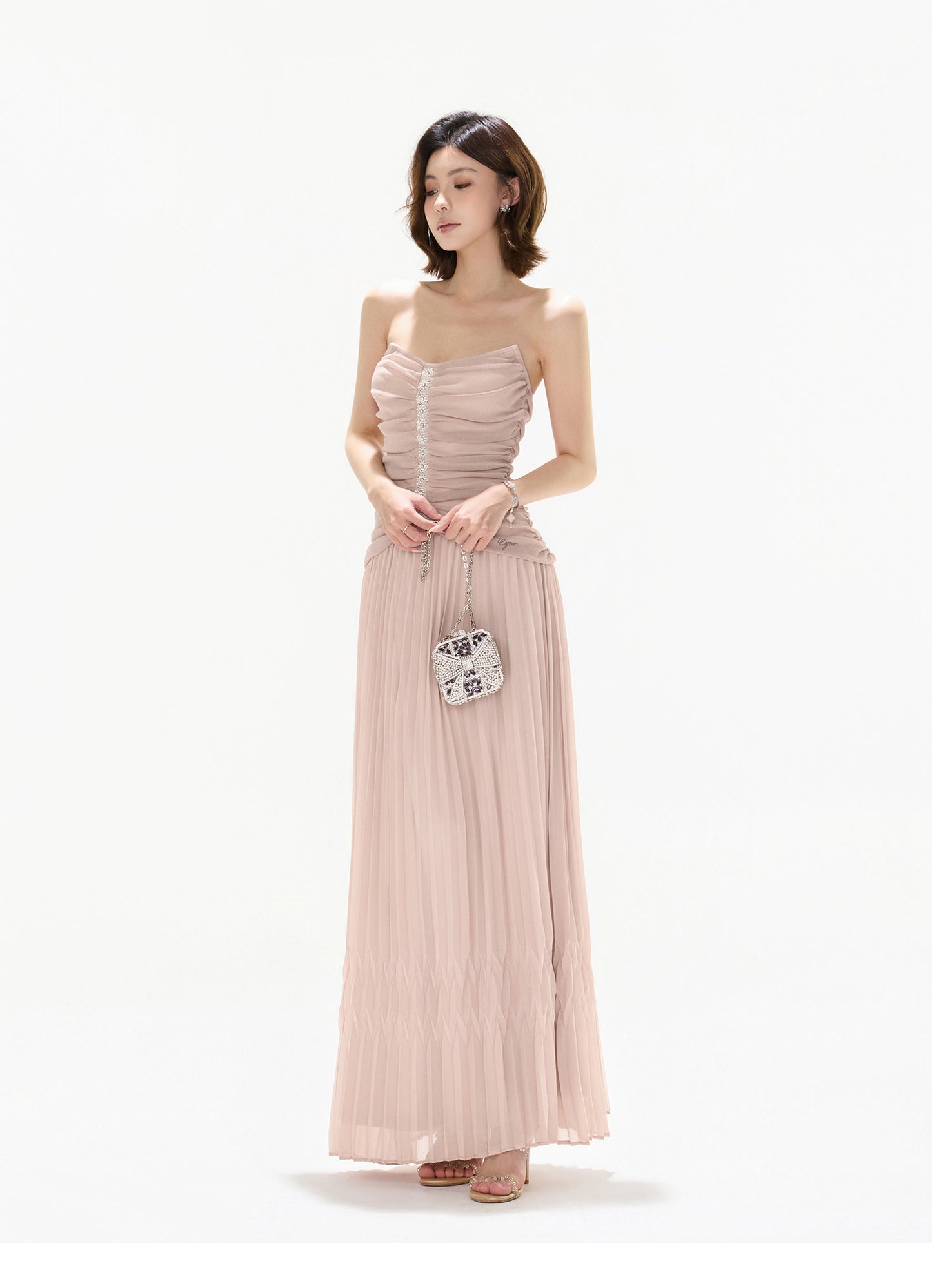 【日本在庫 】RHINESTONE PLEATED TULLE STRAPLESS DRESS