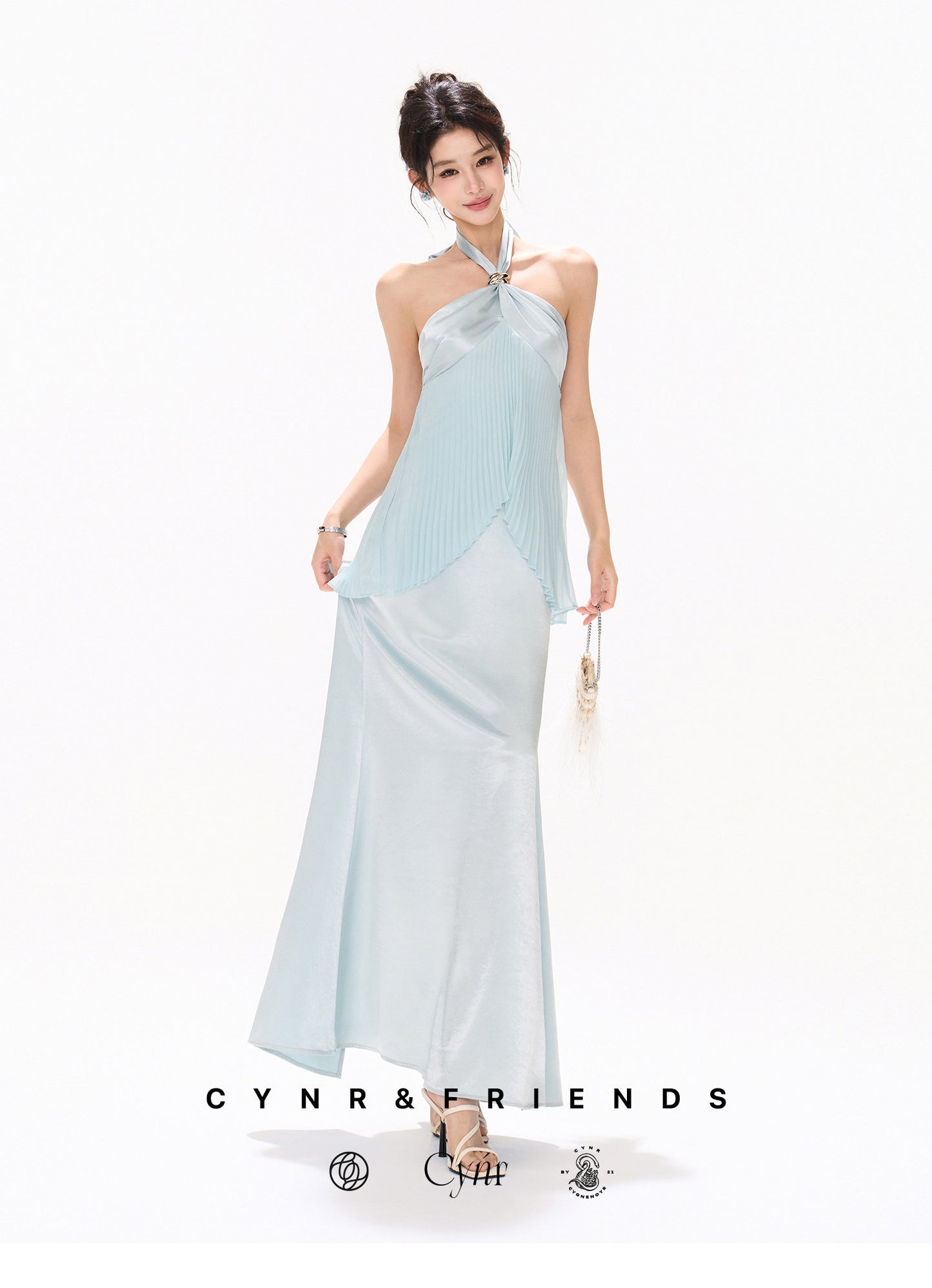 MIST BLUE PLEATED HALTER DRESS