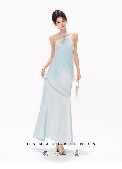 MIST BLUE PLEATED HALTER DRESS