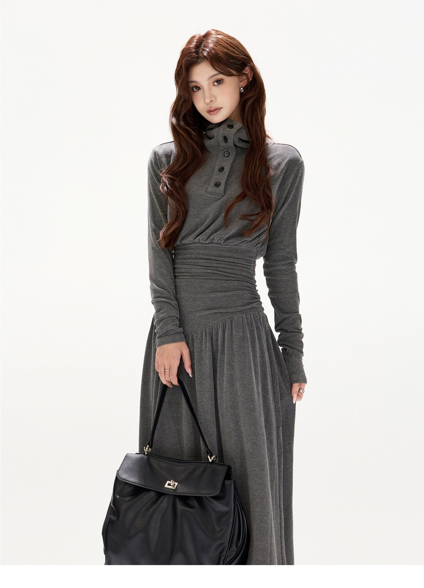 POLO COLLAR PLEATED WAIST A-LINE ONE-PIECE