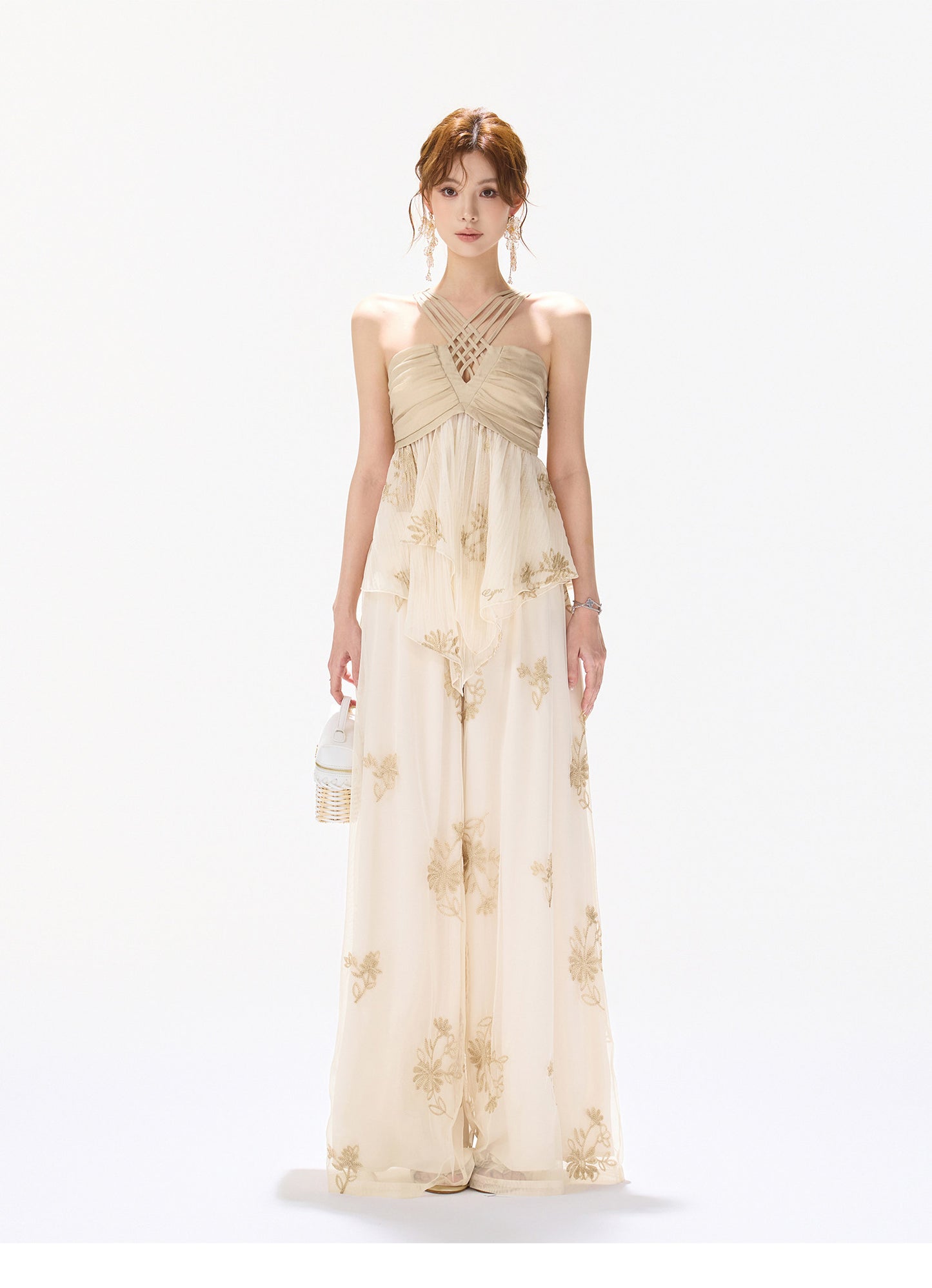 EMBROIDERED CHIFFON HALTER SET
