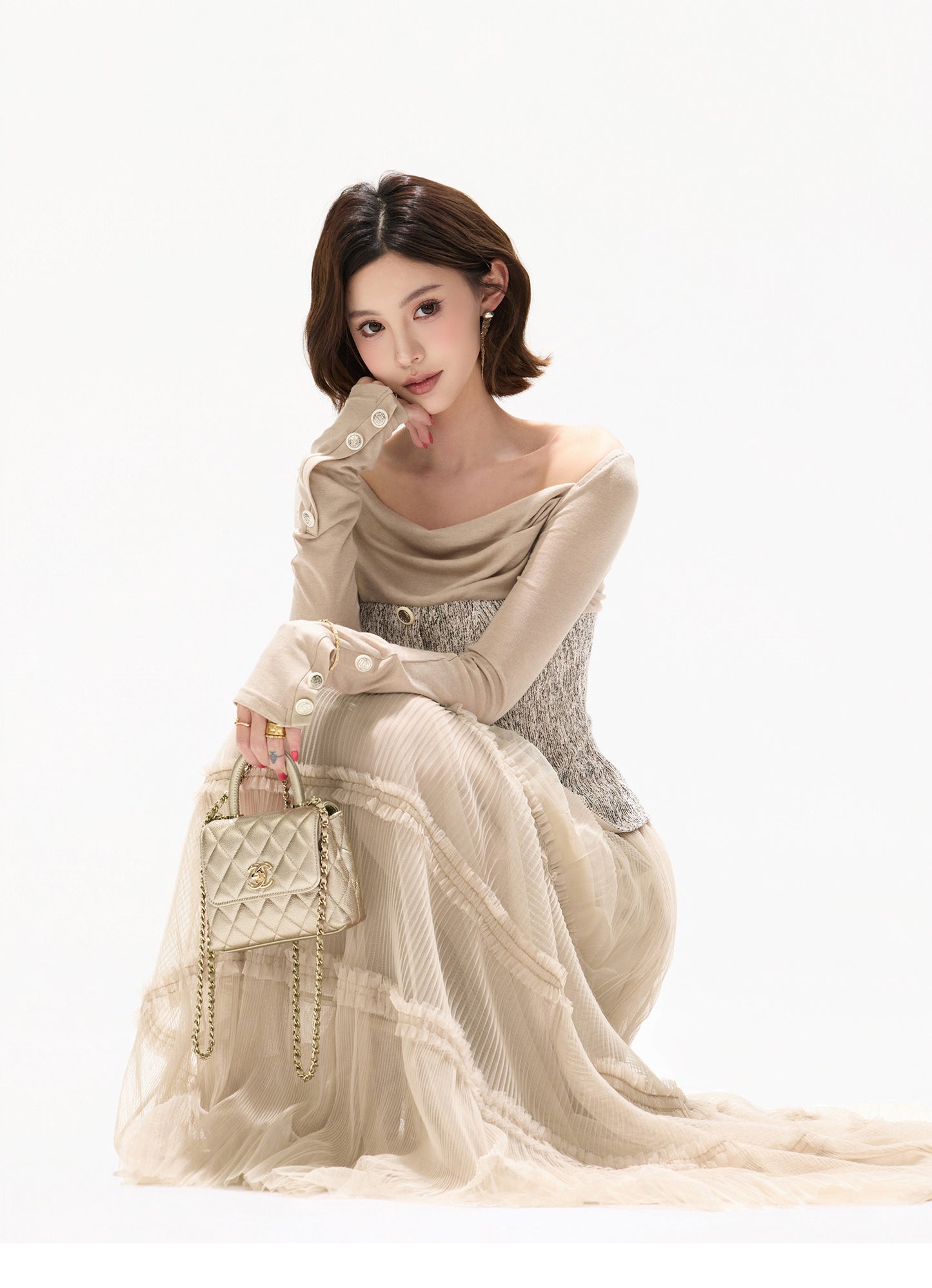 PLEATED TULLE LAYERED MAXI SKIRT