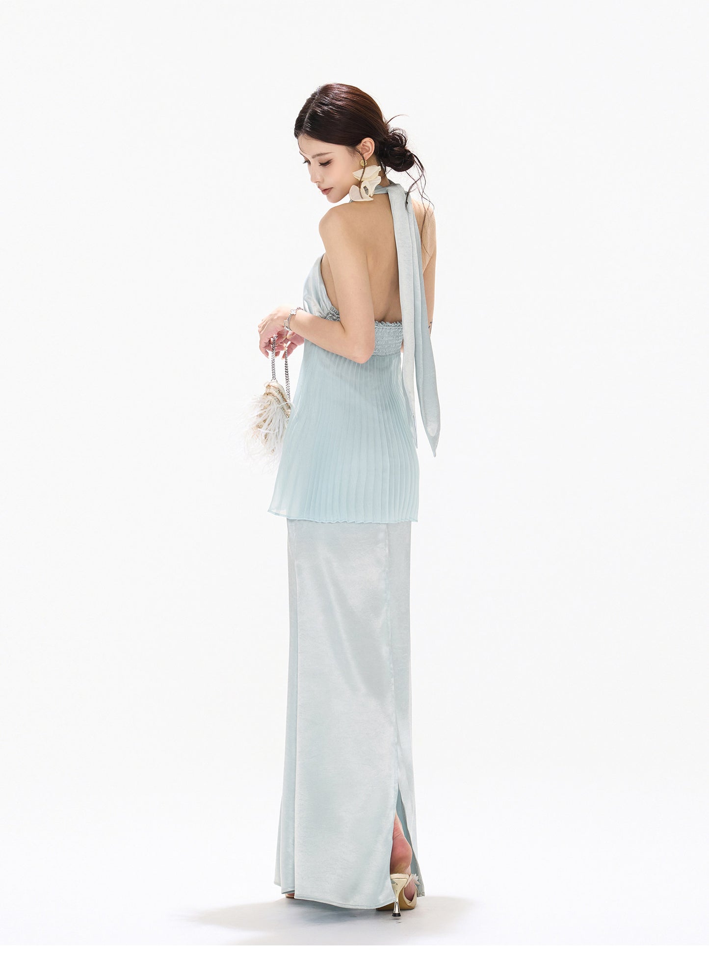 MIST BLUE PLEATED HALTER DRESS