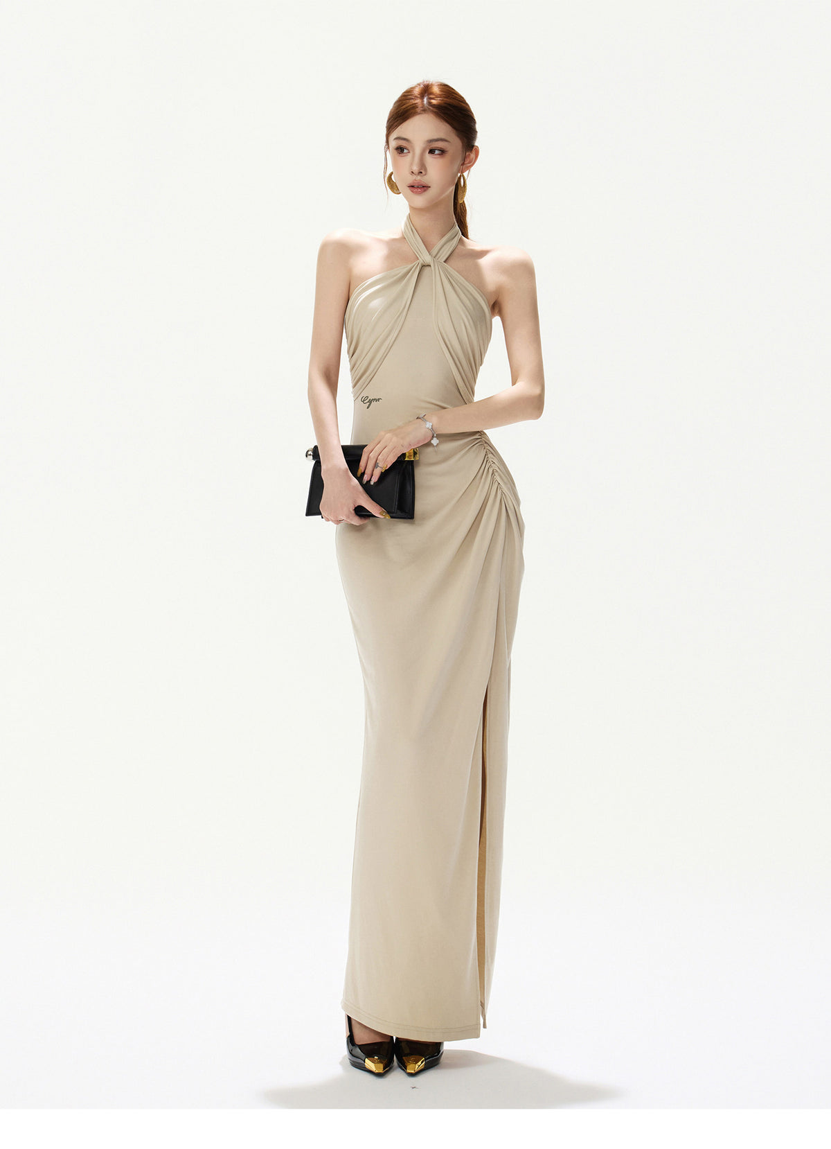 OATMEAL TWIST HALTER MAXI DRESS