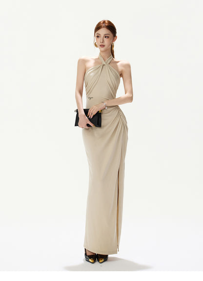 OATMEAL TWIST HALTER MAXI DRESS