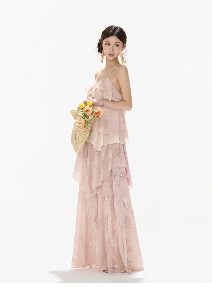 【日本在庫 】FRENCH LACE TIERED RUFFLE MAXI DRESS
