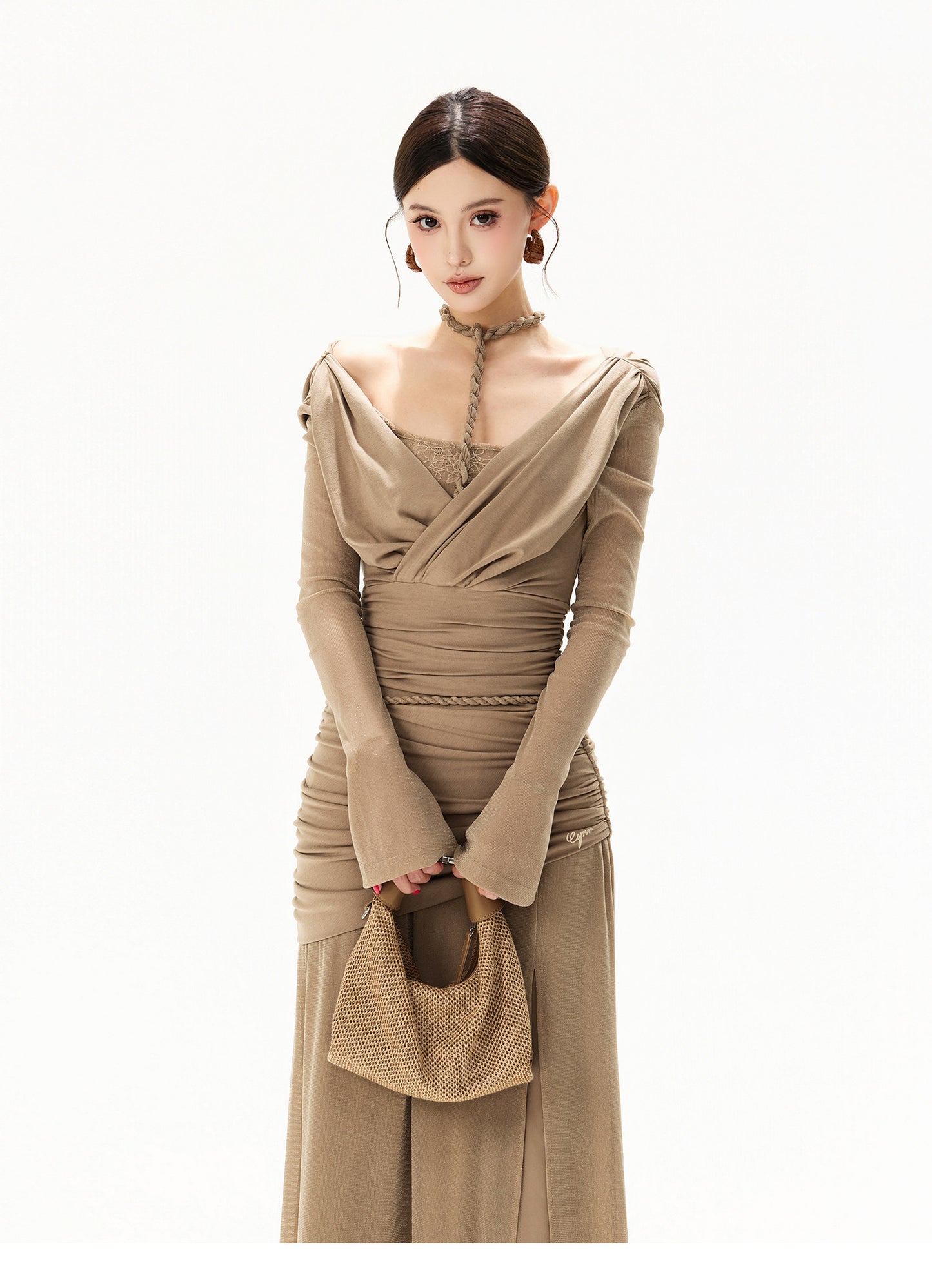 【日本在庫 】FRENCH HALTER KNIT TULLE MAXI DRESS