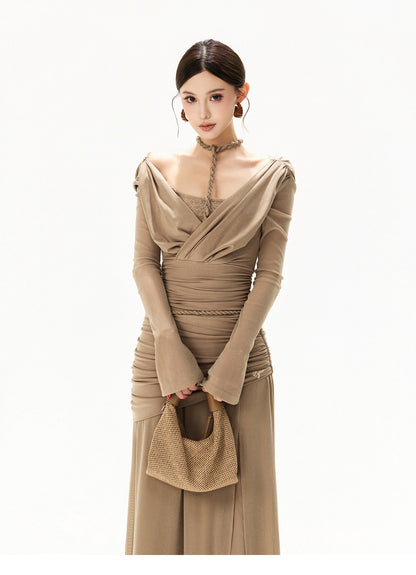 【日本在庫 】FRENCH HALTER KNIT TULLE MAXI DRESS