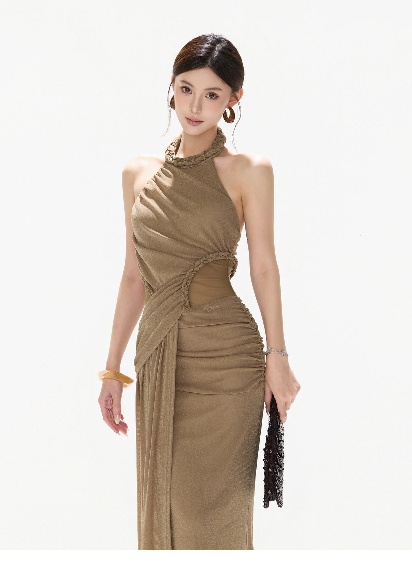 HALTER CUTOUT TULLE DRAPED EVENING DRESS