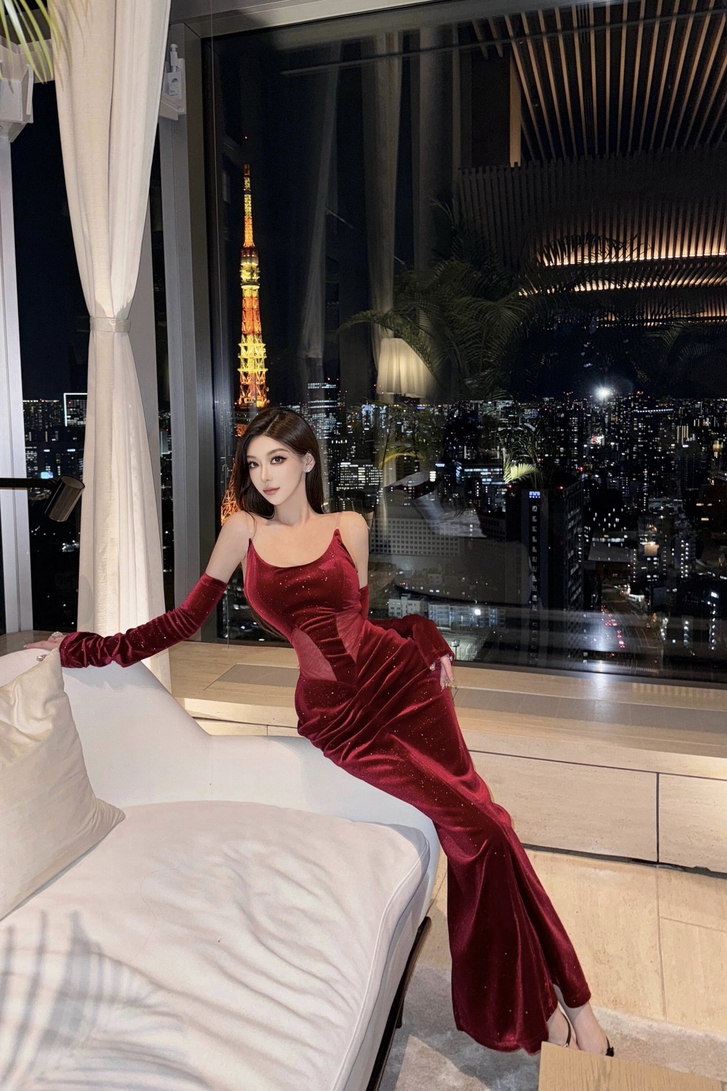 ONE SHOULDER VELVET EVENING DRESS