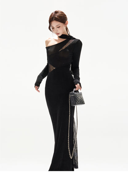 LACE PATCHWORK KNITTED SLIM ONE-PIECE