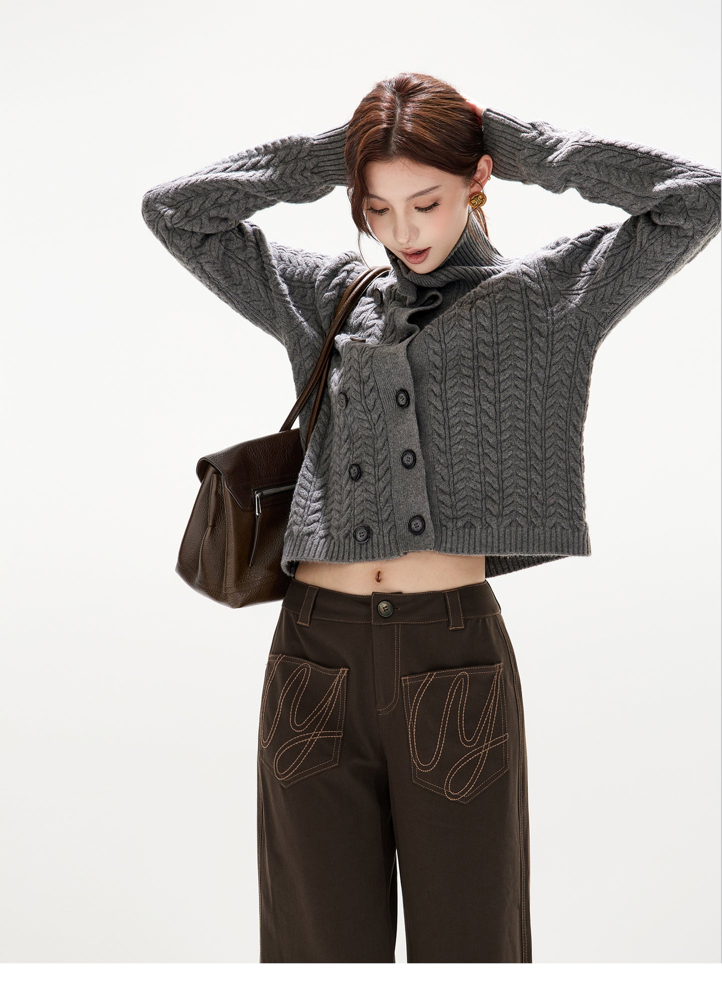 VINTAGE CABLE-KNIT HIGH-NECK WOOL CARDIGAN