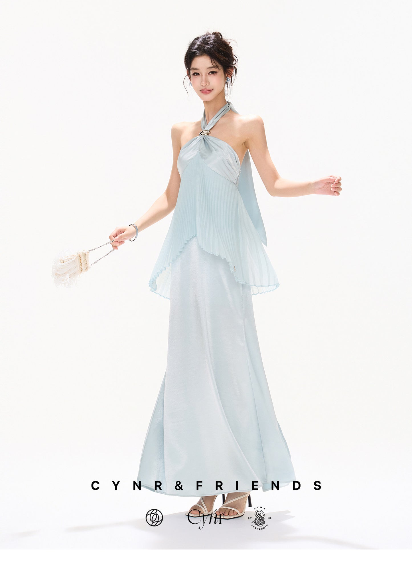 MIST BLUE PLEATED HALTER DRESS